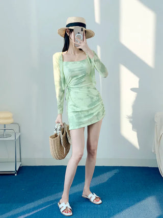 One-piece swimsuit with cardigan and underwear green tie-dye chain cover-up body cover