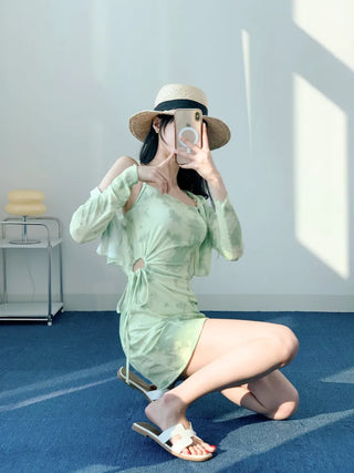 One-piece swimsuit with cardigan and underwear green tie-dye chain cover-up body cover