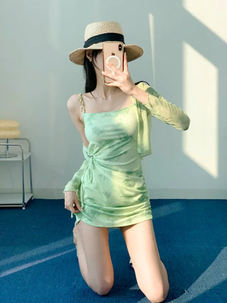 One-piece swimsuit with cardigan and underwear green tie-dye chain cover-up body cover