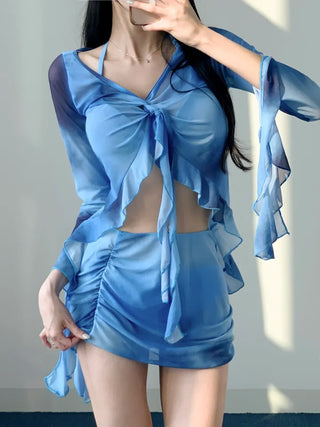 Blue tie-dye long-sleeved piece bikini piece cardigan cover-up included skirt included swimsuit