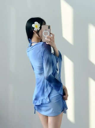 Blue tie-dye long-sleeved piece bikini piece cardigan cover-up included skirt included swimsuit
