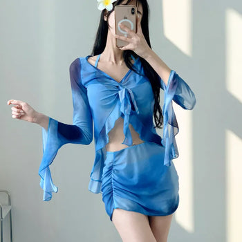 Blue tie-dye long-sleeved piece bikini piece cardigan cover-up included skirt included swimsuit