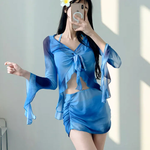 Blue tie-dye long-sleeved piece bikini piece cardigan cover-up included skirt included swimsuit