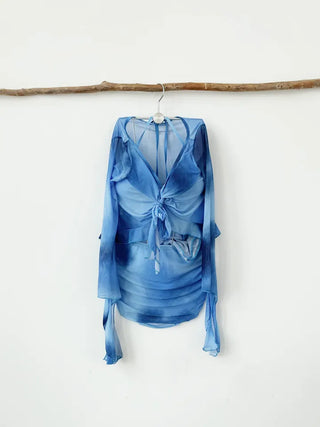 Blue tie-dye long-sleeved piece bikini piece cardigan cover-up included skirt included swimsuit