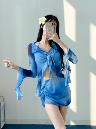 Blue tie-dye long-sleeved piece bikini piece cardigan cover-up included skirt included swimsuit