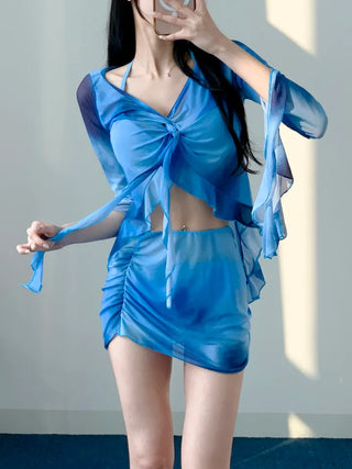 Blue tie-dye long-sleeved piece bikini piece cardigan cover-up included skirt included swimsuit