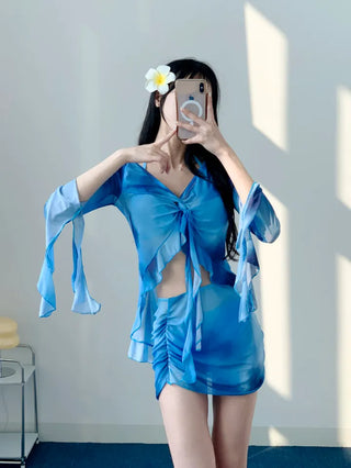Blue tie-dye long-sleeved piece bikini piece cardigan cover-up included skirt included swimsuit
