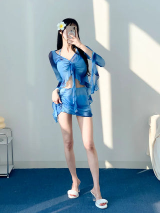 Blue tie-dye long-sleeved piece bikini piece cardigan cover-up included skirt included swimsuit