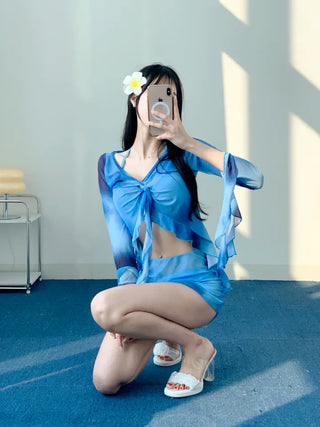 Blue tie-dye long-sleeved piece bikini piece cardigan cover-up included skirt included swimsuit