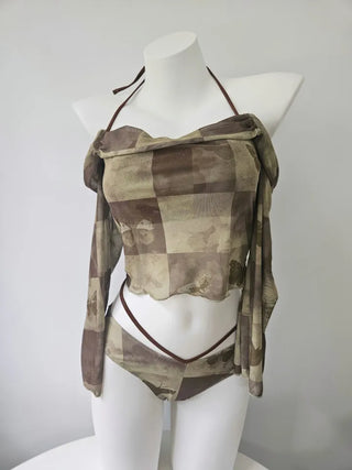Khaki Butterfly piece Bikini piece Strap Off-shoulder Long-sleeve Swimsuit Water Bomb Drenched Show Festival Look