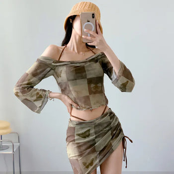 Khaki Butterfly piece Bikini piece Strap Off-shoulder Long-sleeve Swimsuit Water Bomb Drenched Show Festival Look