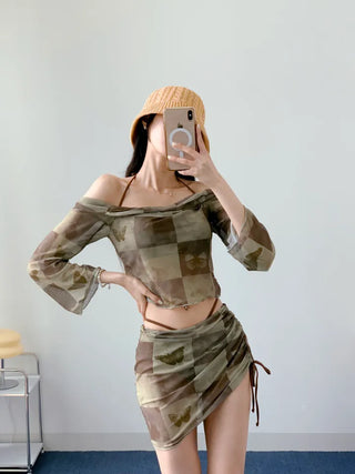 Khaki Butterfly piece Bikini piece Strap Off-shoulder Long-sleeve Swimsuit Water Bomb Drenched Show Festival Look
