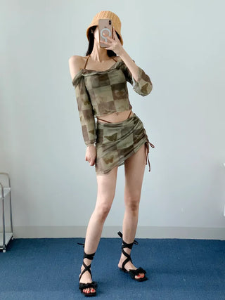 Khaki Butterfly piece Bikini piece Strap Off-shoulder Long-sleeve Swimsuit Water Bomb Drenched Show Festival Look