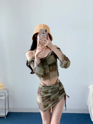Khaki Butterfly piece Bikini piece Strap Off-shoulder Long-sleeve Swimsuit Water Bomb Drenched Show Festival Look