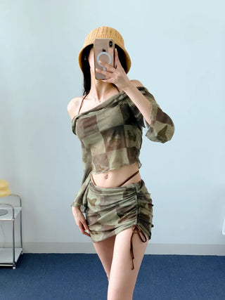 Khaki Butterfly piece Bikini piece Strap Off-shoulder Long-sleeve Swimsuit Water Bomb Drenched Show Festival Look