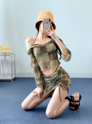 Khaki Butterfly piece Bikini piece Strap Off-shoulder Long-sleeve Swimsuit Water Bomb Drenched Show Festival Look