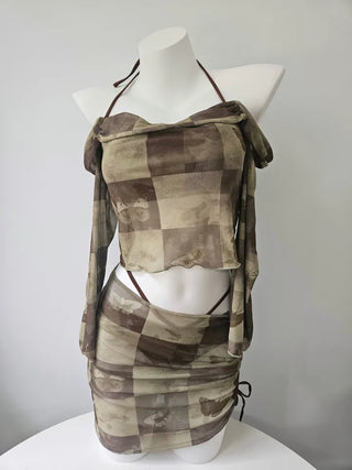 Khaki Butterfly piece Bikini piece Strap Off-shoulder Long-sleeve Swimsuit Water Bomb Drenched Show Festival Look