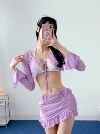 White Purple Bikini 4pcs piece bikini with ribbon bikini shirring cover-up included long-sleeved skirt swimsuit