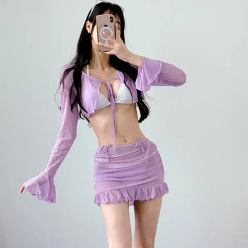 White Purple Bikini 4pcs piece bikini with ribbon bikini shirring cover-up included long-sleeved skirt swimsuit