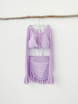White Purple Bikini 4pcs piece bikini with ribbon bikini shirring cover-up included long-sleeved skirt swimsuit