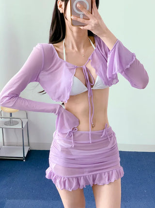 White Purple Bikini 4pcs piece bikini with ribbon bikini shirring cover-up included long-sleeved skirt swimsuit