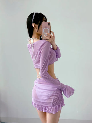 White Purple Bikini 4pcs piece bikini with ribbon bikini shirring cover-up included long-sleeved skirt swimsuit