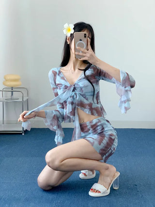 piece tie-dye bikini frill sky blue cover-up skirt included belly-covering body-covering swimsuit