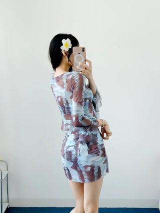 piece tie-dye bikini frill sky blue cover-up skirt included belly-covering body-covering swimsuit