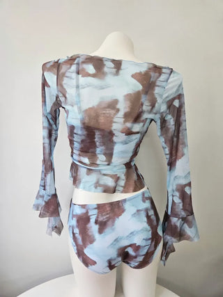 piece tie-dye bikini frill sky blue cover-up skirt included belly-covering body-covering swimsuit