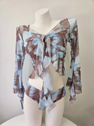 piece tie-dye bikini frill sky blue cover-up skirt included belly-covering body-covering swimsuit