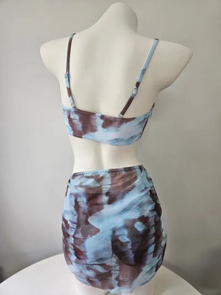piece tie-dye bikini frill sky blue cover-up skirt included belly-covering body-covering swimsuit
