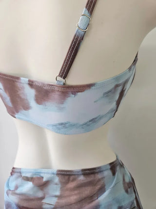 piece tie-dye bikini frill sky blue cover-up skirt included belly-covering body-covering swimsuit