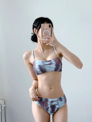 piece tie-dye bikini frill sky blue cover-up skirt included belly-covering body-covering swimsuit