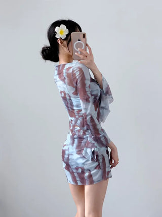 piece tie-dye bikini frill sky blue cover-up skirt included belly-covering body-covering swimsuit