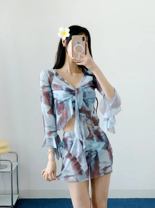 piece tie-dye bikini frill sky blue cover-up skirt included belly-covering body-covering swimsuit