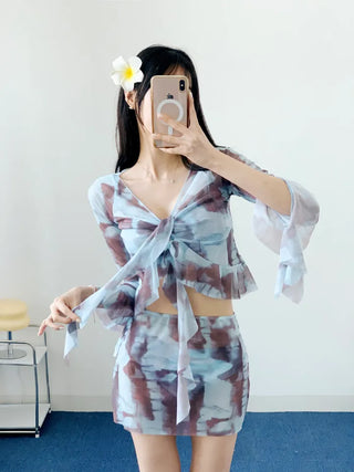 piece tie-dye bikini frill sky blue cover-up skirt included belly-covering body-covering swimsuit