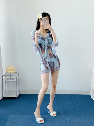 piece tie-dye bikini frill sky blue cover-up skirt included belly-covering body-covering swimsuit