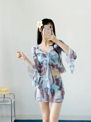 piece tie-dye bikini frill sky blue cover-up skirt included belly-covering body-covering swimsuit
