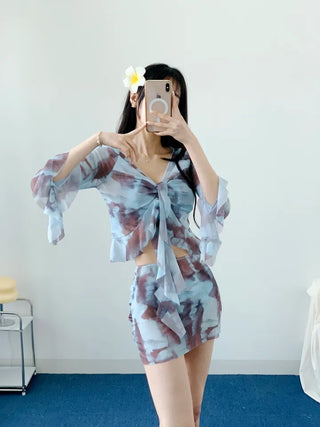 piece tie-dye bikini frill sky blue cover-up skirt included belly-covering body-covering swimsuit