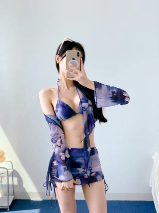 Unique Butterfly Bikini Sexy See-Through Piece Navy Swimsuit