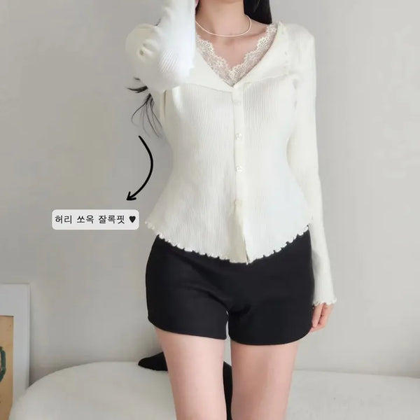 Lace Layered Collared Knit Winter Slim Daily Knit Top