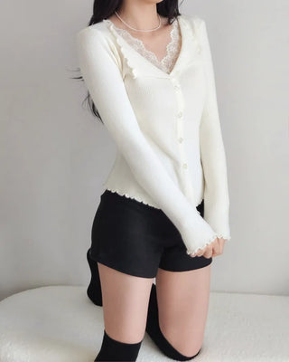 Lace Layered Collared Knit Winter Slim Daily Knit Top