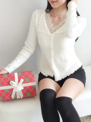 Lace Layered Collared Knit Winter Slim Daily Knit Top