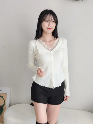 Lace Layered Collared Knit Winter Slim Daily Knit Top