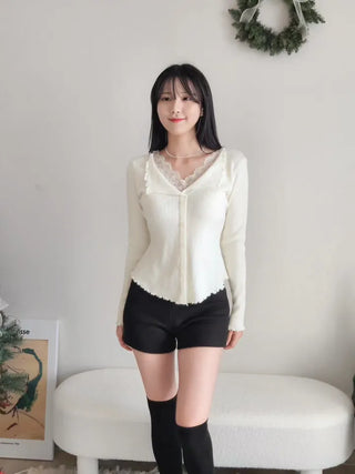 Lace Layered Collared Knit Winter Slim Daily Knit Top