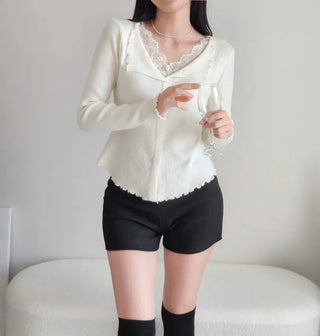 Lace Layered Collared Knit Winter Slim Daily Knit Top