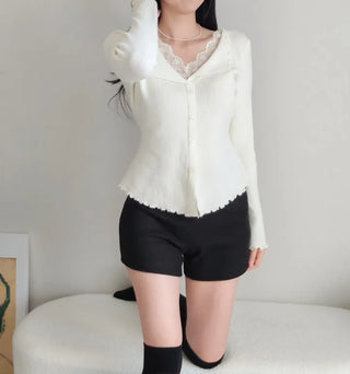 Lace Layered Collared Knit Winter Slim Daily Knit Top
