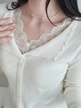 Lace Layered Collared Knit Winter Slim Daily Knit Top