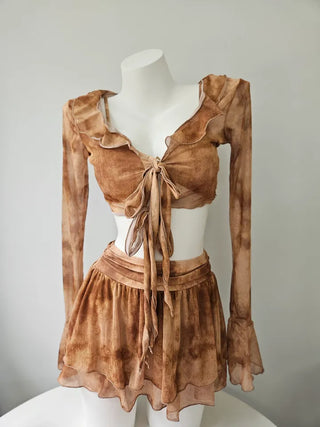 Brown tie-dye frill piece bikini swimsuit