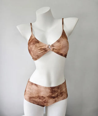 Brown tie-dye frill piece bikini swimsuit